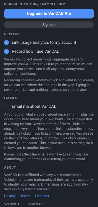 The account menu open from the right of the toolbar: the signed-in address, the Upgrade to VanCAD Pro button, Sign out, the two Privacy checkboxes with their explainers, the Emails block with its Email me about VanCAD checkbox, and the About block with its manufacturer disclaimer, the Privacy, Terms and Licenses links and the version footer.