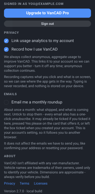 The account menu open from the right of the toolbar: the signed-in address, the Upgrade to VanCAD Pro button, Sign out, the two Privacy checkboxes with their explainers, the Emails block with its monthly-roundup checkbox, and the About block with its manufacturer disclaimer, the Privacy, Terms and Licenses links and the version footer.