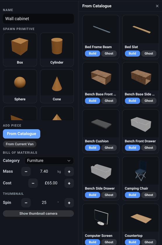 The custom-object editor’s left dock with the From Catalogue picker open beside it: the Spawn primitive card grid and the lit From Catalogue button on the left, and the picker’s grid of component cards, each with a thumbnail and its own Build and Ghost buttons, floating over the 3D view.