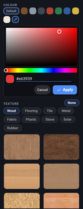 The Inspector’s Appearance page: the Default chip and a row of colour swatches with the custom-colour pipette at the end, the expanded colour picker below them, and the texture category chips above a grid of texture swatches.