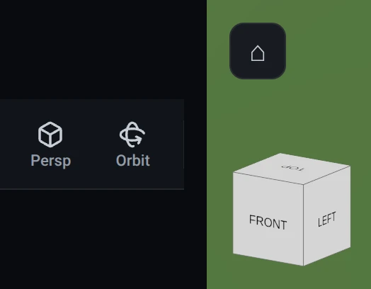 Two details of the VanCAD editor: the toolbar’s projection and camera buttons, reading Persp and Orbit, and the navigation cube with the Home button above it at the bottom-right corner of the 3D view.
