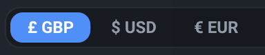 The Bill of Materials Currency switch in the toolbar’s Settings menu: three options reading £ GBP, $ USD and € EUR, with £ GBP selected.