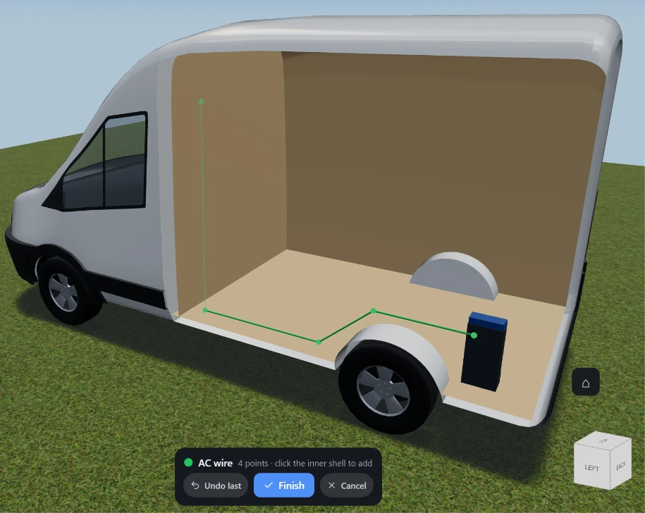 An AC wire run being drawn in VanCAD’s 3D view: four points placed, the run following the inside of the van’s wall and floor down to a leisure battery, and the drawing banner across the bottom reading AC wire, 4 points, click the inner shell to add, with Undo last, Finish and Cancel.