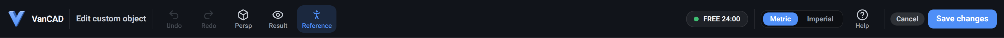 The custom-object editor’s top bar: the Edit custom object title, Undo and Redo, the Persp projection toggle, the Result and Reference toggles with Reference lit, the paused session pill, the Metric/Imperial switch, Help, Cancel and Save changes.