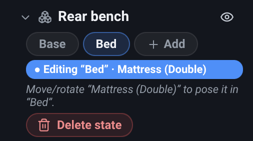 A group’s block in the Object List with a saved state active: the Base and Bed chips with Bed selected, a + Add pill, the accent banner reading Editing Bed, the hint beneath it, and the Delete state button.