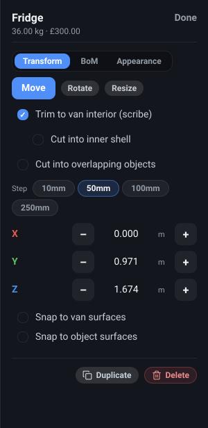 The Inspector dock down the right of the editor with an object selected: its name and the Done link at the top, its weight and cost beneath, the Transform / BoM / Appearance page switcher, the Move, Rotate and Resize tools, the fitting checkboxes and the position rows, and Duplicate and Delete in the footer.