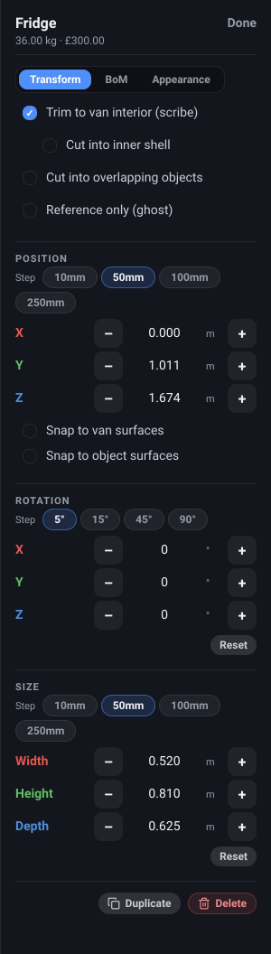 The Inspector dock down the right of the editor with an object selected: its name and the Done link at the top, its weight and cost beneath, the Transform / BoM / Appearance page switcher, the fitting checkboxes, the Position, Rotation and Size sections one under another, and Duplicate and Delete in the footer.