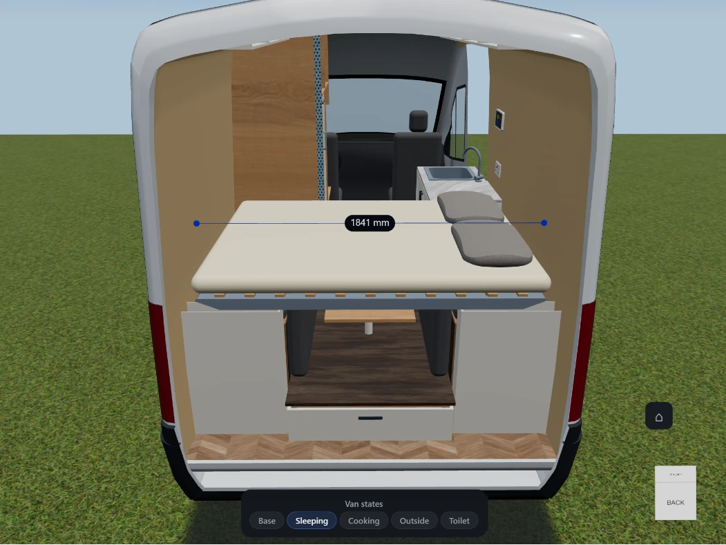 A width measurement in VanCAD’s 3D view, seen from the rear doors of a converted van: a line runs straight across the van just above a made-up bed platform, ending on the inner lining at each side, with 1841 mm on a label at its midpoint. The galley, sink and cab are visible beyond it, and the van-state switcher along the bottom is on Sleeping.