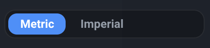 The VanCAD unit switch, in the toolbar’s Settings menu: a two-option segmented control reading Metric and Imperial, with Metric selected.