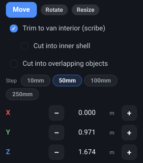 The Inspector’s Transform page: the Move, Rotate and Resize buttons with Move selected, the step-size chips beneath them, and the X, Y and Z position rows, each with a value and a pair of minus and plus buttons.