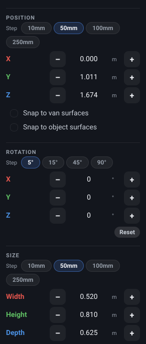 The Inspector’s Transform page: the Position, Rotation and Size sections one under another, each with its step-size chips and its rows - X, Y and Z for position and rotation, Width, Height and Depth for size - each row a value with a pair of minus and plus buttons.