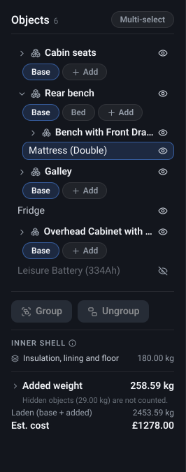 The Object List dock down the left of the editor, listing the design’s objects with a group expanded to show its members indented beneath it, one object hidden (its eye crossed out), the Group, Ungroup and Multi-select actions in the footer, an Inner shell section carrying what the lining weighs with an information button beside its heading, and the running totals beneath them with a chevron on the Added weight row.