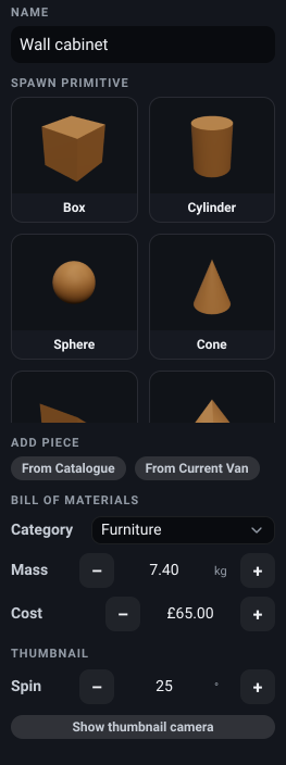 The custom-object editor’s left dock: the Name field reading Wall cabinet, the Spawn primitive card grid, the From Catalogue and From Current Van buttons, and the bill-of-materials block with its Category, Mass and Cost rows above the thumbnail Spin row and the Show thumbnail camera toggle.