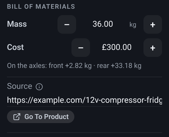 The Inspector’s BoM page for a selected object: an editable Mass row, an editable Cost row, a line reading what the object puts on the front and rear axles, a Source field holding a web address, and the Go To Product button beneath it.