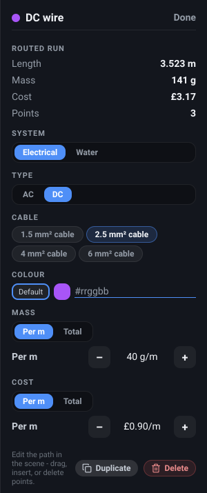 VanCAD’s Inspector showing a selected DC wire run: its system and type, the cable specification, the colour swatch with its Default button, the mass and cost rows, and Duplicate and Delete at the foot.