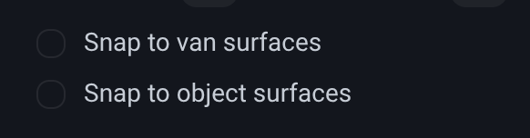 The two snapping checkboxes in the Position section of the Inspector’s Transform page: Snap to van surfaces and Snap to objects, both unticked.