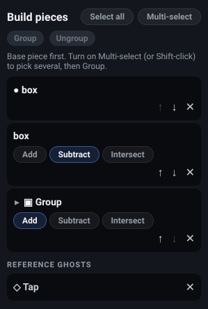 The custom-object editor’s build list: the Select all and Multi-select chips with the Group and Ungroup actions, the base piece marked with a bullet, a piece whose Subtract chip is lit, an expandable group row, and a reference ghost row under the Reference ghosts heading.