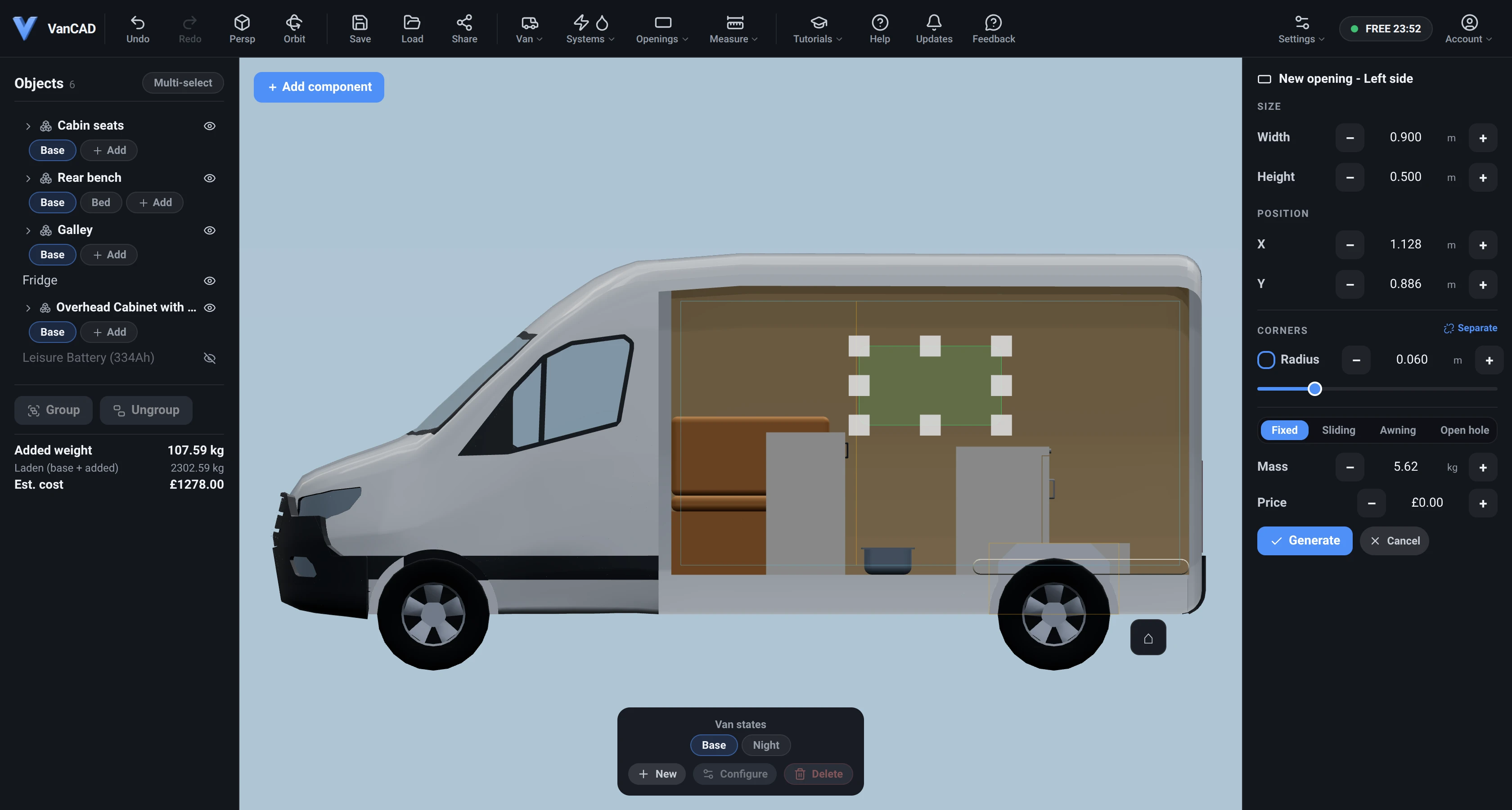 The VanCAD editor in openings draw mode: the camera locked straight on to the van’s left wall, a green rectangle drawn on it with rounded corners and eight resize handles, the usable-area outline and the wheel-arch keep-out drawn as guides on the surface, and the draw panel in the right dock with its Size, Position and Corners rows, the Fixed / Sliding / Awning / Open hole switch, the estimated mass and price, and Generate and Cancel at the foot.
