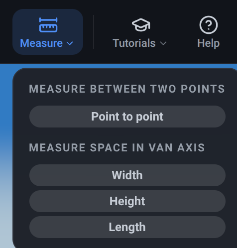 The VanCAD toolbar’s Measure menu open, in two named sections: Measure between two points, with a Point to point button, and Measure space in van axis, with Width, Height and Length.