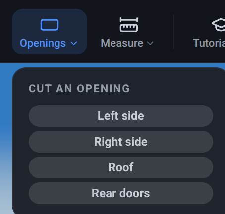 The VanCAD toolbar’s Openings menu open, headed Cut an opening, with a button for each surface an opening can be cut into: the left wall, the right wall, the roof and the rear.