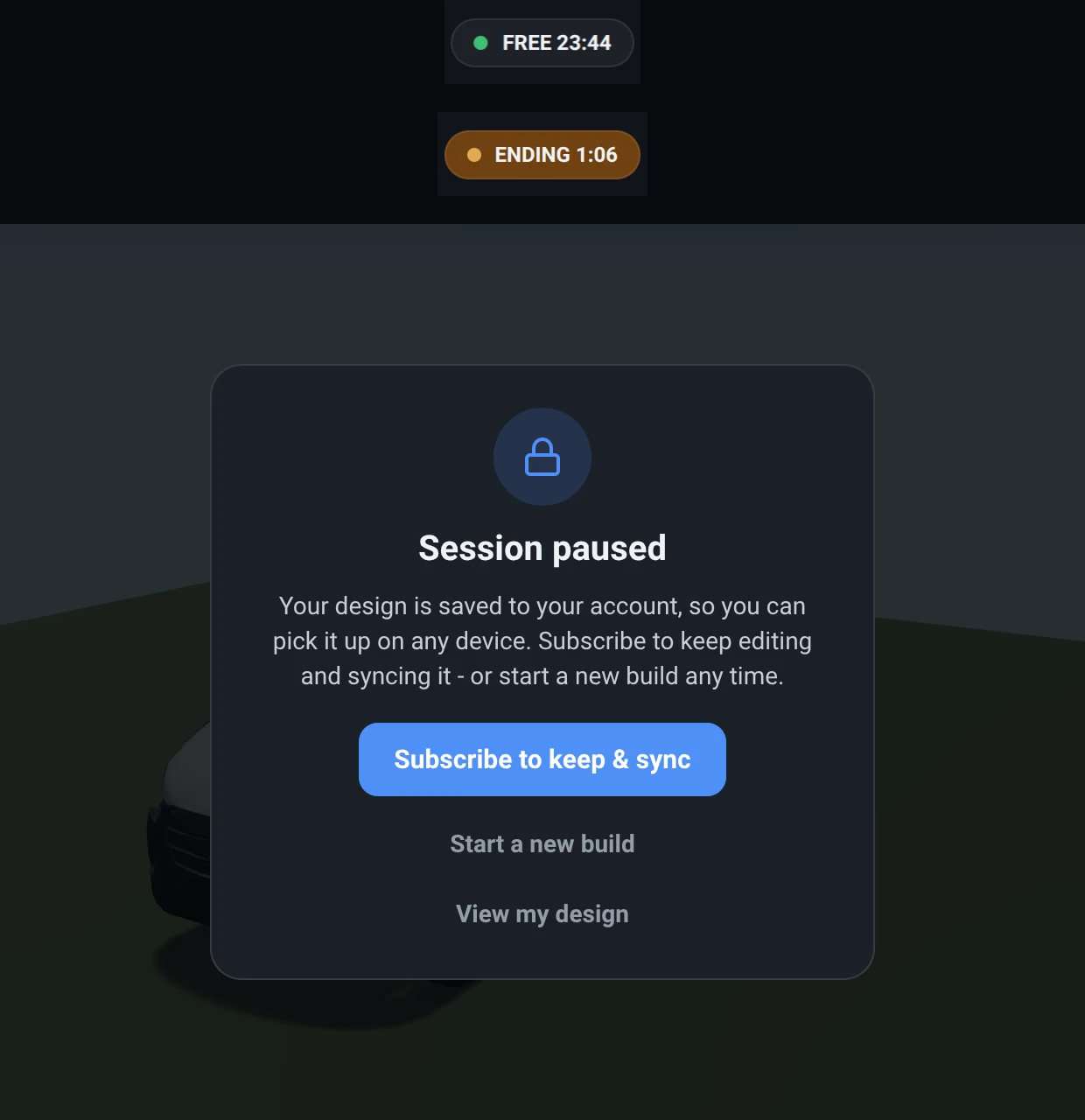 The free session’s three states, stacked: the toolbar pill counting down in green beside the word FREE, the same pill in amber reading ENDING with about a minute left, and the Session paused overlay over the dimmed design - a lock disc, the line saying the design is saved to your account, a Subscribe button, and Start a new build and View my design below it.