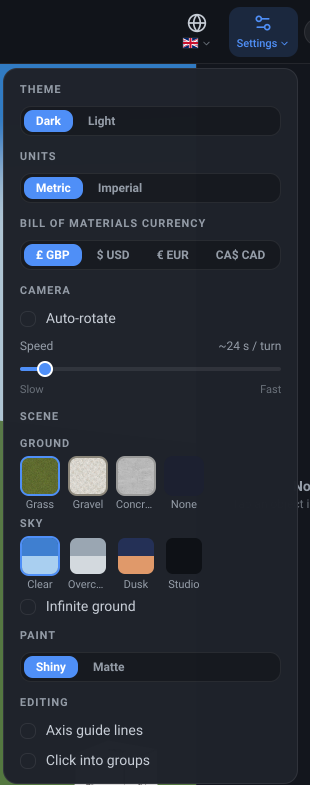 The VanCAD toolbar’s Settings menu open, headed by the Theme switch reading Dark and Light, then the Units switch reading Metric and Imperial, the Bill of Materials Currency switch, and the Camera, Scene and Editing sections below them.