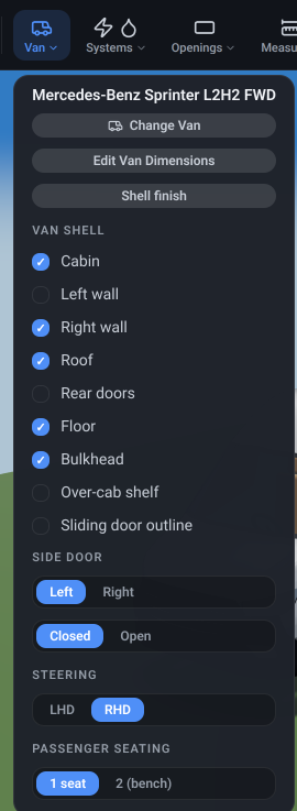The VanCAD toolbar’s Van menu open, showing the current van’s name above the Change Van, Edit Van Dimensions and Shell finish buttons, then the shell checklist of body panels, the side-door and steering-side controls, and the cab-seating control.