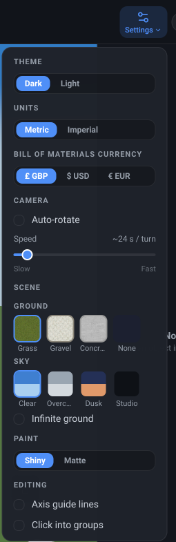 The VanCAD toolbar’s Settings menu open, headed by the Theme switch reading Dark and Light, then the Units switch reading Metric and Imperial, the Bill of Materials Currency switch, and the Camera, Scene and Editing sections below them.