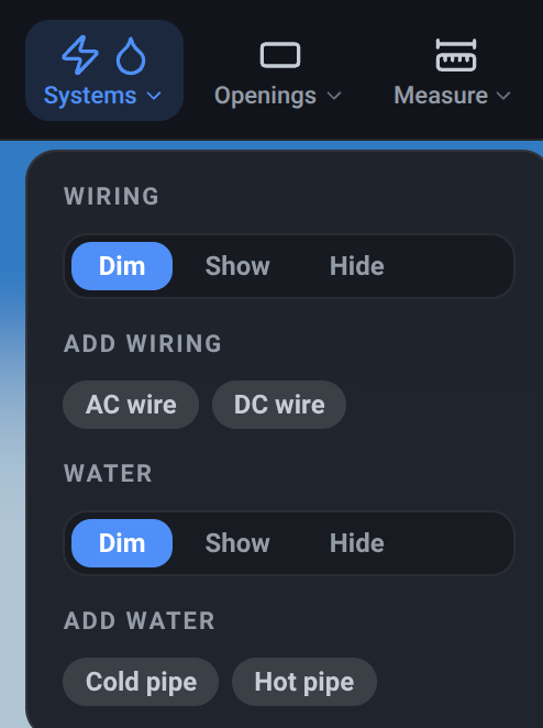 The VanCAD toolbar’s Systems menu open, showing a Wiring view filter with AC wire and DC wire buttons below it, then a Water view filter with cold pipe and hot pipe buttons.