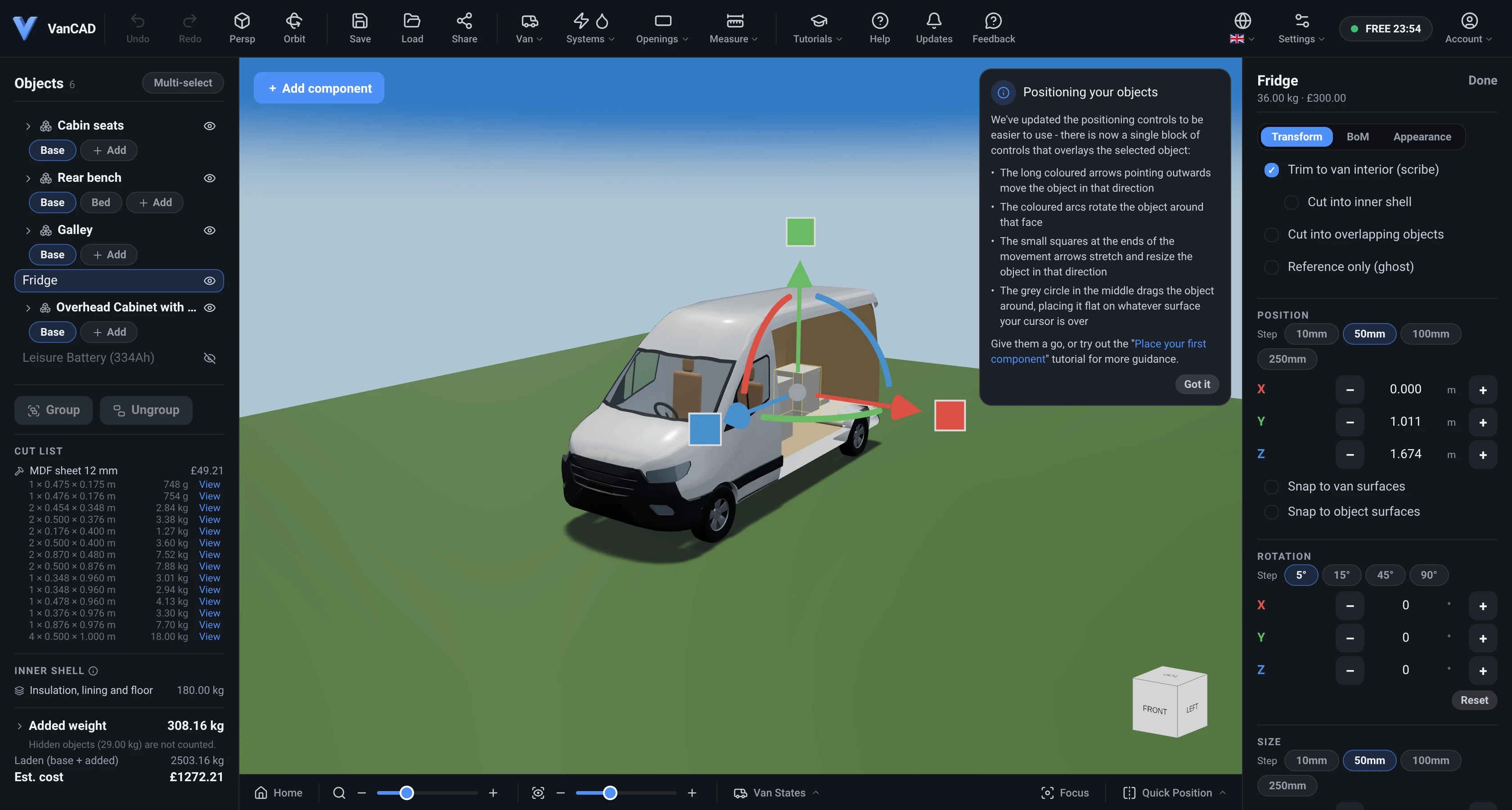 The whole VanCAD editor on a desktop window: the toolbar across the top, the Object List docked on the left, the 3D view filling the middle with a van and its contents, the Inspector docked on the right, the Add component button at the top-left of the 3D view, the van-state switcher along the bottom, the navigation cube at the bottom-right, and the view strip with its Home button under the 3D view.
