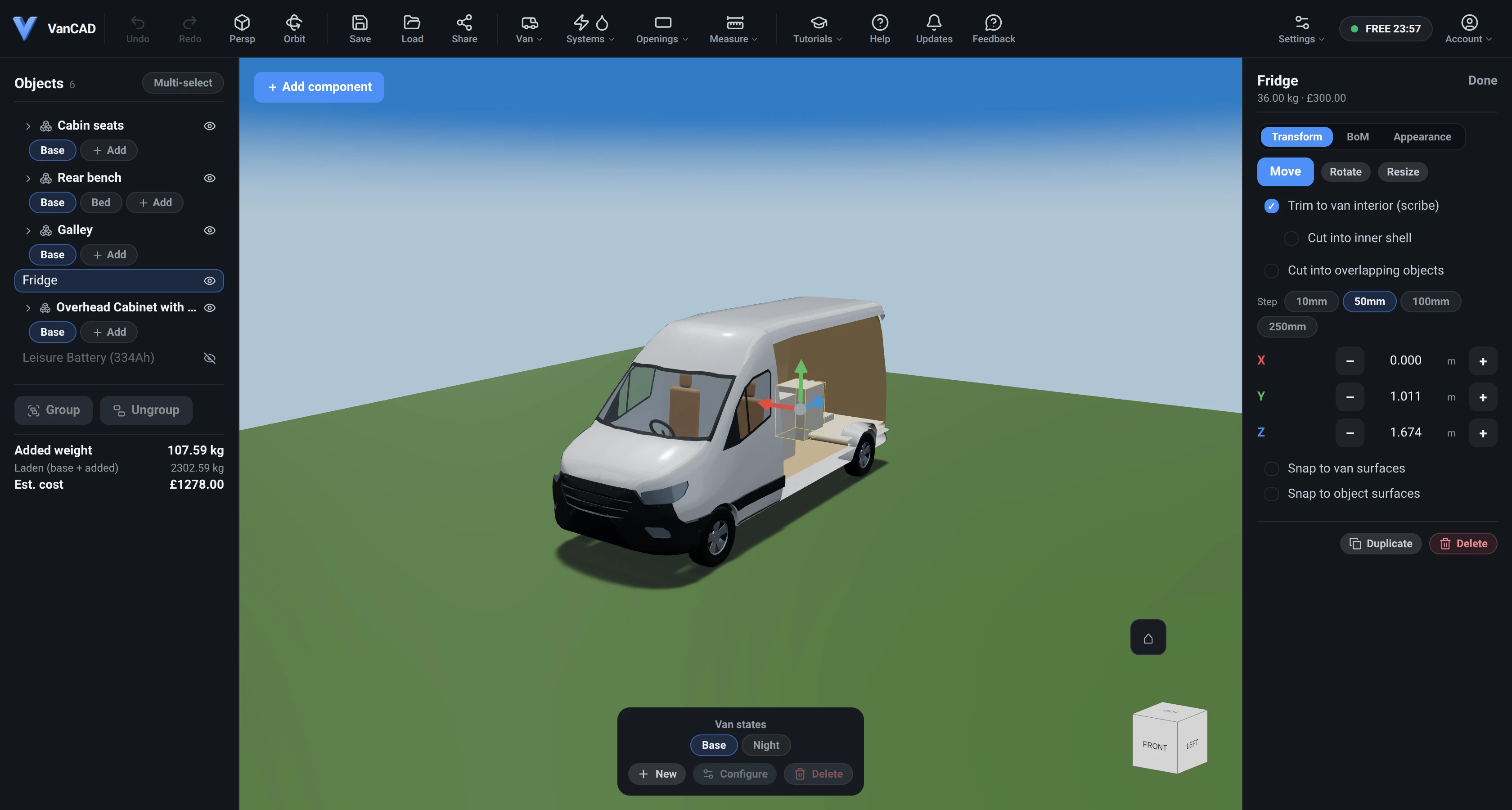 The whole VanCAD editor on a desktop window: the toolbar across the top, the Object List docked on the left, the 3D view filling the middle with a van and its contents, the Inspector docked on the right, the Add component button at the top-left of the 3D view, the van-state switcher along the bottom and the navigation cube at the bottom-right.