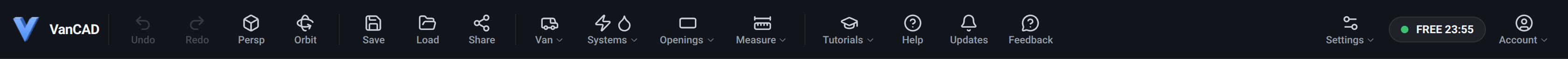The VanCAD toolbar across the top of the editor, showing Undo, Redo, the projection and camera toggles, Save, Load, Share, the Van, Systems, Openings and Measure menus, Tutorials, Help, Updates, Feedback, the Settings menu, the free-session timer and the Account menu.