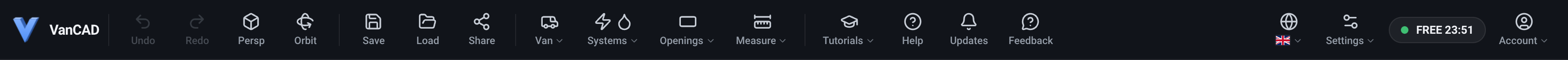 The VanCAD toolbar across the top of the editor, showing Undo, Redo, the projection and camera toggles, Save, Load, Share, the Van, Systems, Openings and Measure menus, Tutorials, Help, Updates, Feedback, the language globe, the Settings menu, the free-session timer and the Account menu.