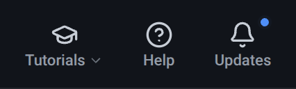 Three buttons at the right of the VanCAD toolbar: Tutorials, Help, and Updates with a dot on its bell icon marking a release that has not been opened.