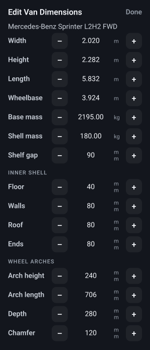 The Edit Van Dimensions panel in VanCAD’s right-hand dock, headed with the chosen model (a Mercedes-Benz Sprinter L2H2 FWD) and a Done button, above stepper rows for Width, Height, Length, Wheelbase, Base mass, Shell mass and Shelf gap, then an Inner shell group of Floor, Walls, Roof and Ends, then a Wheel arches group of Arch height, Arch length, Depth and Chamfer, each row with a minus button, its current value and a plus button.
