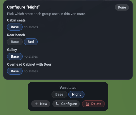 The van-state bar at the bottom of the editor - a Van states label, the Base and Night chips with Night active, and the + New, Configure and Delete actions - with the Configure panel open above it listing each group and the state it takes in this van state.