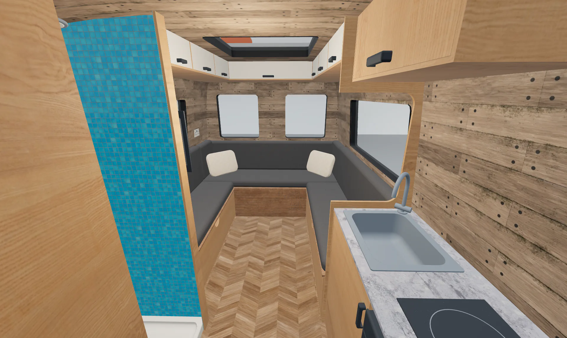 Inside a camper van from the demo showroom, its walls, floor, panelling, shower, worktops, upholstery and overhead lockers each in the finish chosen beside it