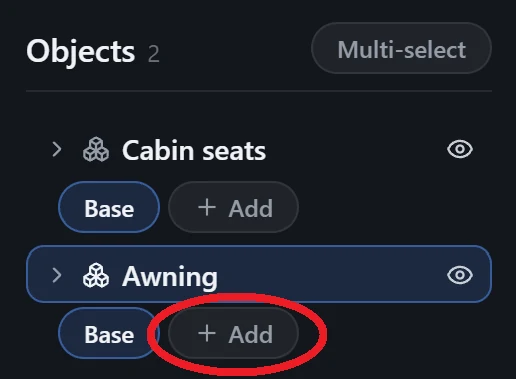 The Objects panel showing the Awning group with its Base state and the '+ Add' button circled