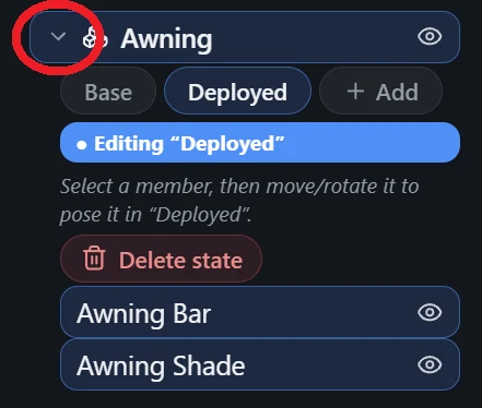 The awning group expanded in the Object List to show its Awning Bar and Awning Shade items
