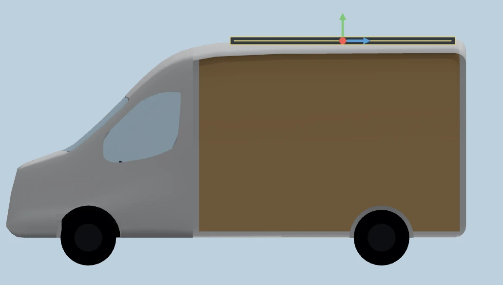 The awning bar positioned along the side of the van roof, seen from the left in orthographic view
