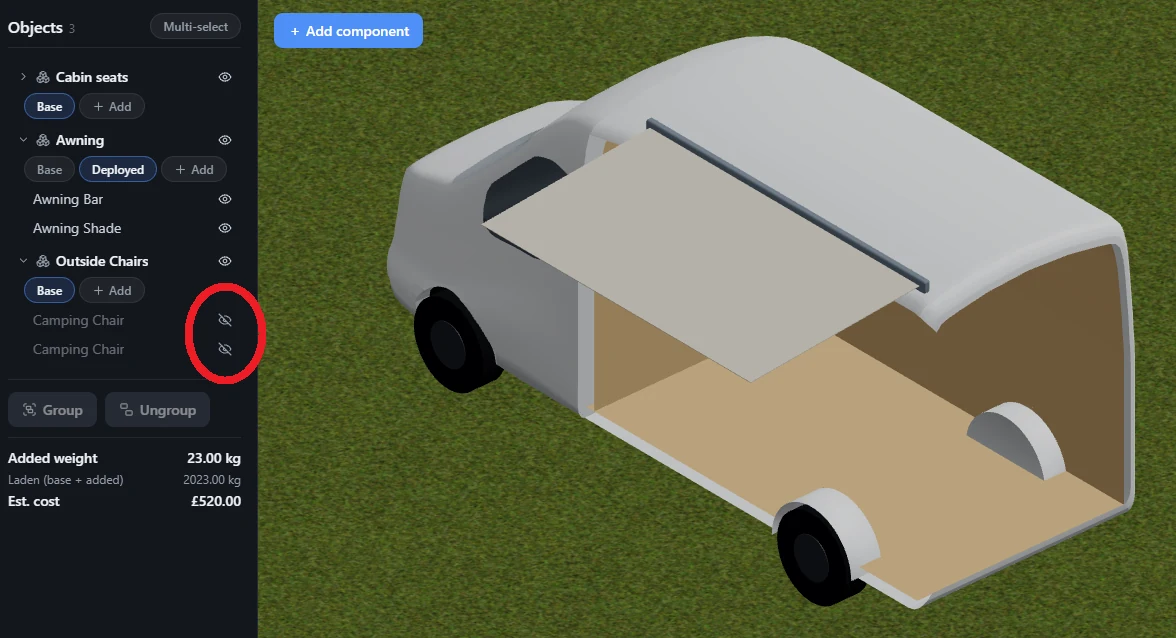 The two camping chairs hidden from the scene using the eye toggle, for the Base state