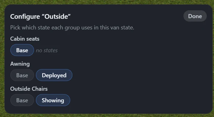 The Configure dialog for the 'Outside' van state, with Awning set to Deployed and Outside Chairs set to Showing