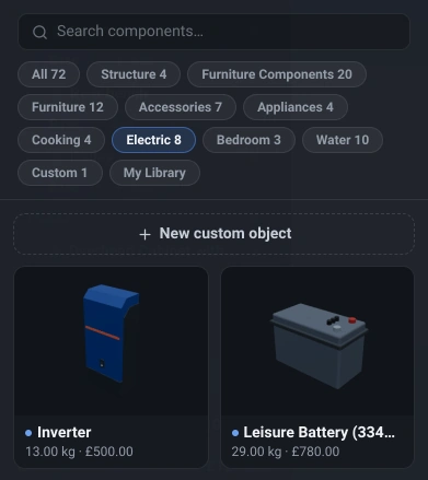 VanCAD's component catalogue open over the Object List, showing the search box, the row of category chips with Electric selected, and component cards with a 3D thumbnail, weight and cost on each