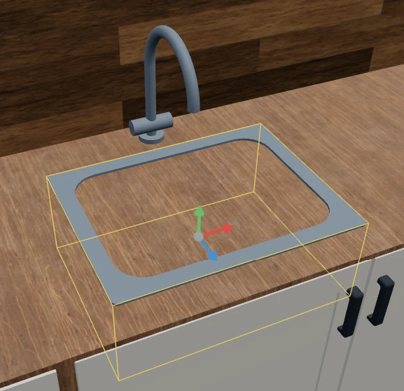 A kitchen sink set into a wooden countertop in VanCAD with Cut into overlapping objects switched off, the countertop filling the bowl so only the rim shows