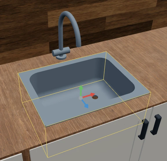 The same sink with Cut into overlapping objects switched on, the bowl cut through the countertop and open, with its drain visible