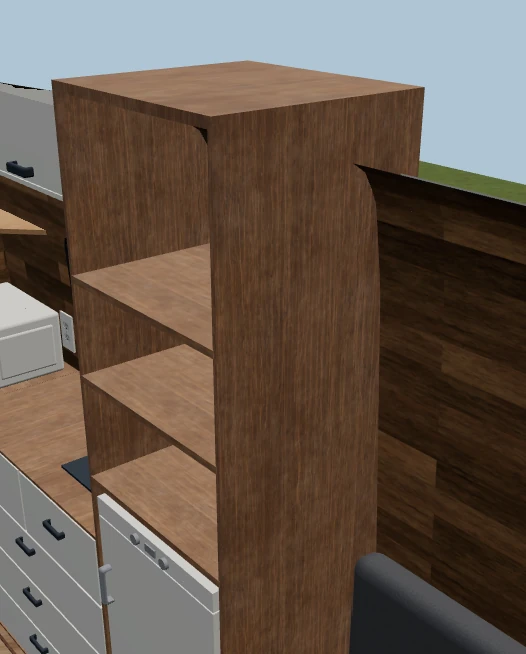 A tall shelving unit in a camper van with Trim to van interior (scribe) switched off, its square corner pushing out through the curve of the van's wall