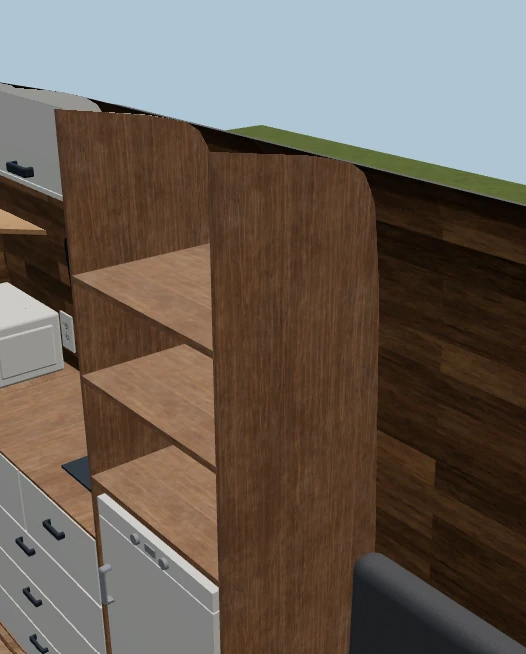 The same shelving unit with Trim to van interior (scribe) switched on, its top corner following the curve of the van's wall and roof