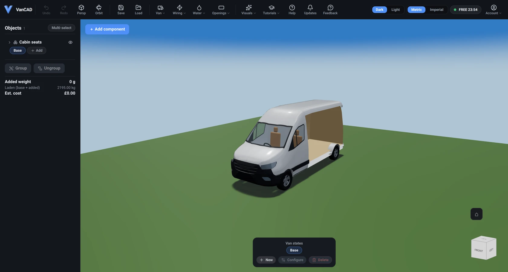 The VanCAD editor just after choosing a van: a Mercedes-Benz Sprinter L2H2 in the 3D view with its left wall and rear doors hidden, the Objects list on the left and the toolbar across the top