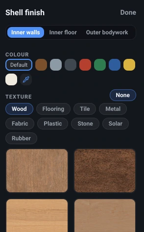 The Shell finish panel in VanCAD: a switch reading Inner walls, Inner floor and Outer bodywork with Inner walls selected, and below it that part's colour swatches, its texture categories with Wood selected, and a grid of wood texture tiles