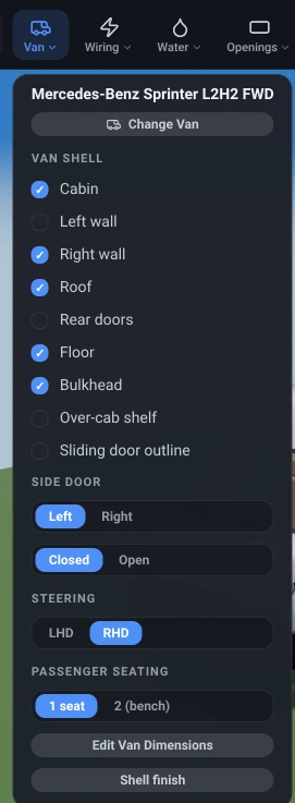 The VanCAD toolbar's Van menu open, showing the van's name with the Change Van button, the Van Shell checklist of body panels, the side-door and steering-side controls, the passenger seating control, and the Edit Van Dimensions and Shell finish buttons